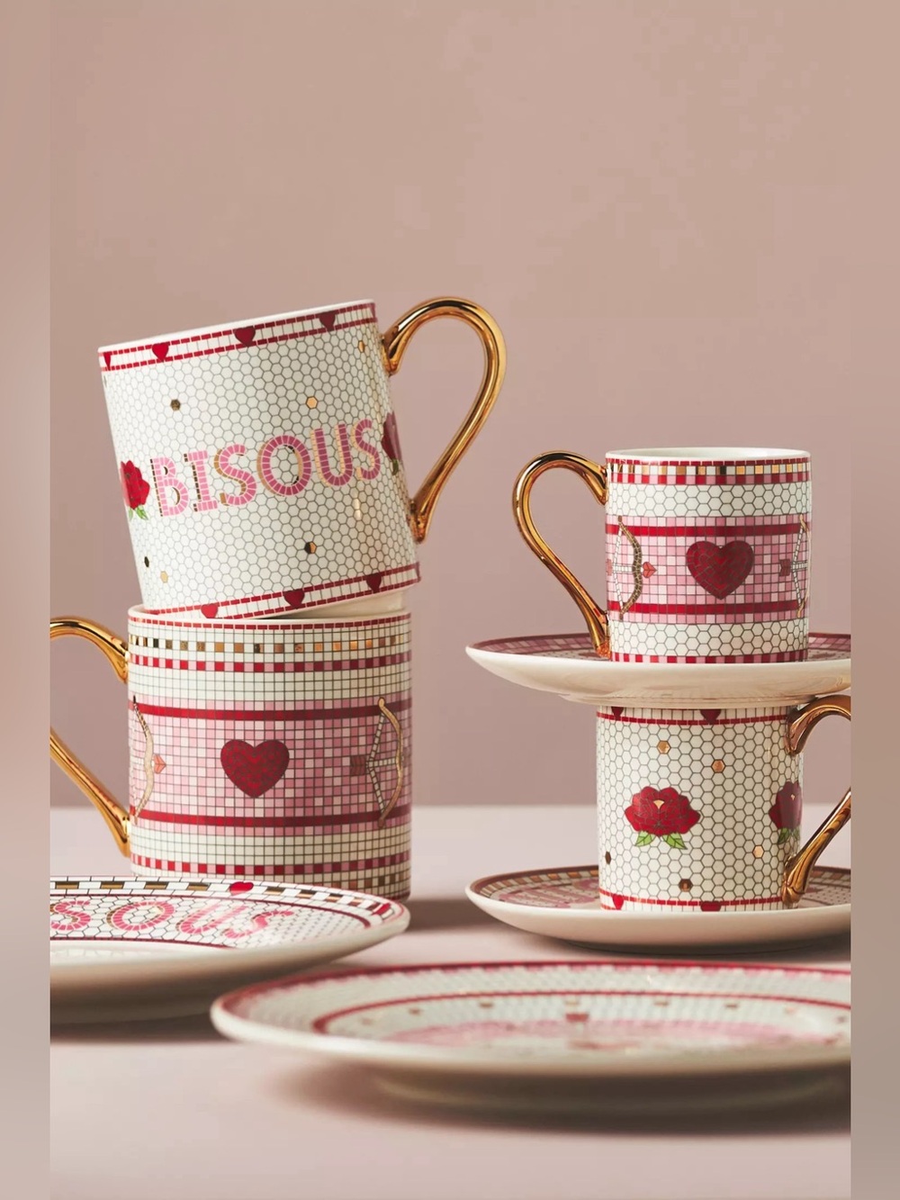 NEW Anthropologie Bistro Tile Stoneware 24k Gold Accent Espresso Cup & Sauce - Picture 6 of 12